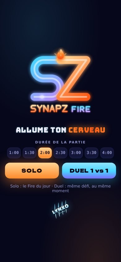 Synapz Fire home screen with duration picker and Solo and Duel buttons